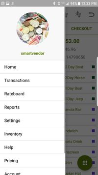 Quid POS Smart Vendor screenshot: Android app menu