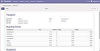 Smart School ERP screenshot: The transport module allows users to manage routes and boarding points, student allocations, fees, and more