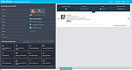 WiseStamp screenshot: The email signature generator interface within WiseStamp, showing contact editing fields, social profile links and available apps