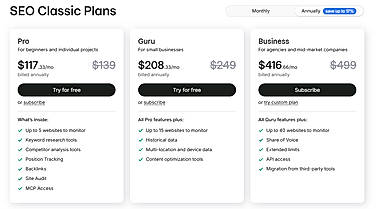 See plans and prices https://www.semrush.com/prices/ Semrush Pricing & Plan Cost in 2026