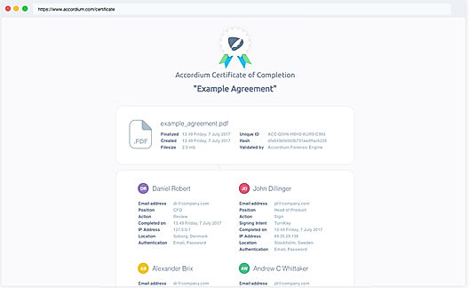 Accordium screenshot: Gain oversight and legal enforceability with a complete audit trail and certificates of completion