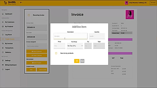 BeeBills screenshot: Line items can be customized with configurable details, quantity, price, and tax group