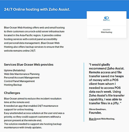 Blue Ocean Web Hosting Made Simple with Zoho Assist
