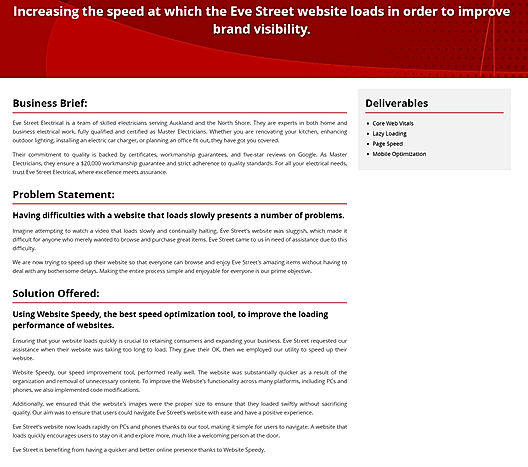 Increasing the speed at which the Eve Street website loads in order to improve brand visibility