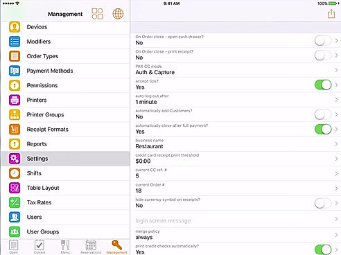 Ambur screenshot:  Setup system settings, permissions, payment methods, modifiers, shifts and more from the management menu