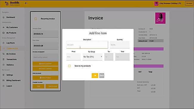 BeeBills screenshot: Line items can be customized with configurable details, quantity, price, and tax group