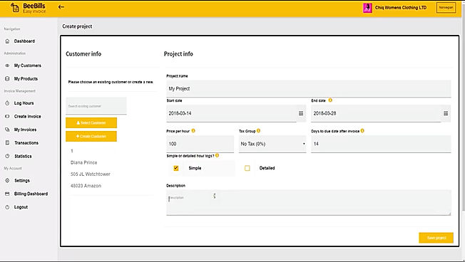 BeeBills screenshot: Projects can be created in order to bill by hours worked