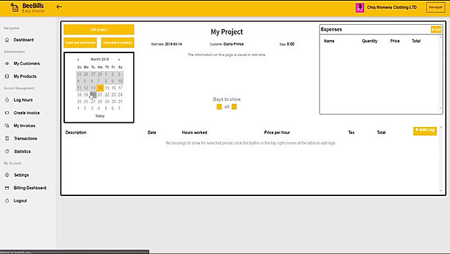 BeeBills screenshot: Projects can be viewed at any time to access hours worked, expenses, and more