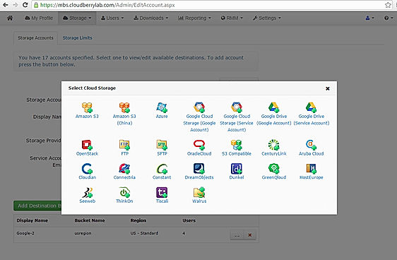 CloudBerry Backup screenshot: Select cloud storage