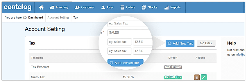 Contalog screenshot: Users can add multiple custom taxes in Contalog