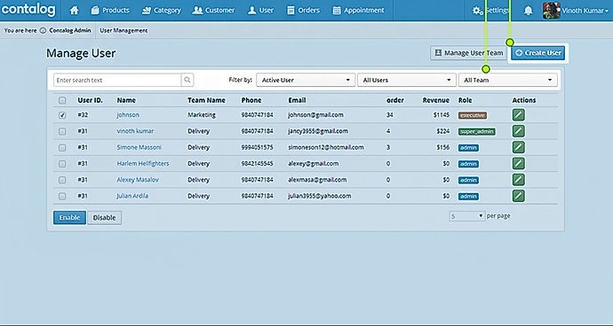 Contalog screenshot: Users can be given different roles, responsibilities, and access permissions in Contalog