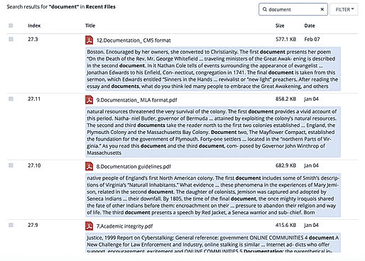 DealRoom screenshot: Full text search allows users to locate information within documents