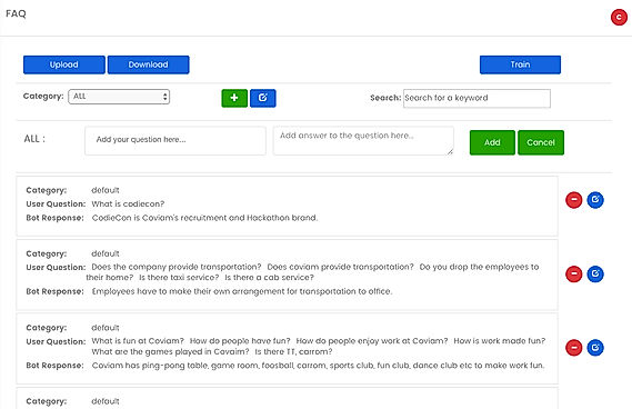 Engati screenshot: Businesses can setup their custom FAQs to aid chatbot answers