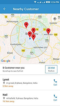 FieldEZ screenshot: View nearby customers and jobs from the mobile, along with driving directions and route