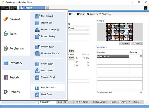 inFlow Cloud screenshot: Reorder stock when levels start to get low