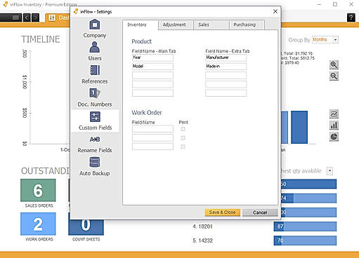 inFlow Cloud screenshot: Create custom fields so that data is displayed in the most efficient way for the business