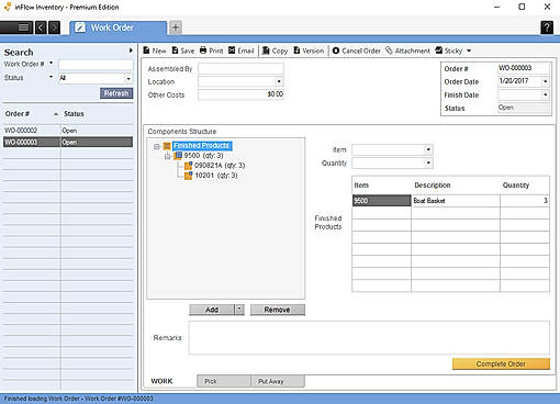 inFlow Cloud screenshot: View work orders and include order details which can be printed, saved, or emailed