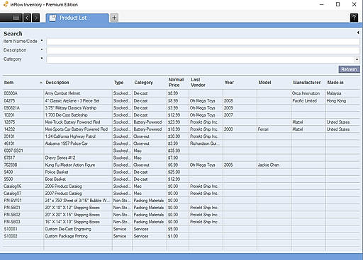 inFlow Cloud screenshot: Create a full and searchable product list with product details