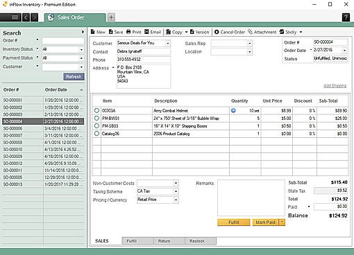 inFlow Cloud screenshot: Sales orders can be accessed and sent to customers as invoices