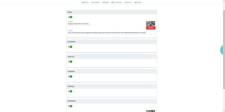 iRefer screenshot: Users can decide which social media platforms they wish to include in their campaign