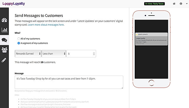 Loopy Loyalty screenshot: Send personalized messages to all customers or specific customer segments.
