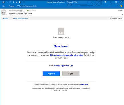 Microsoft Flow screenshot: Email approval requests