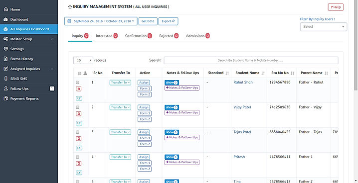 MyClassCampus : Inquiry Management Dashboard screenshot