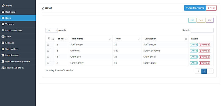 MyClassCampus :  Inventory Management Dashboard screenshot