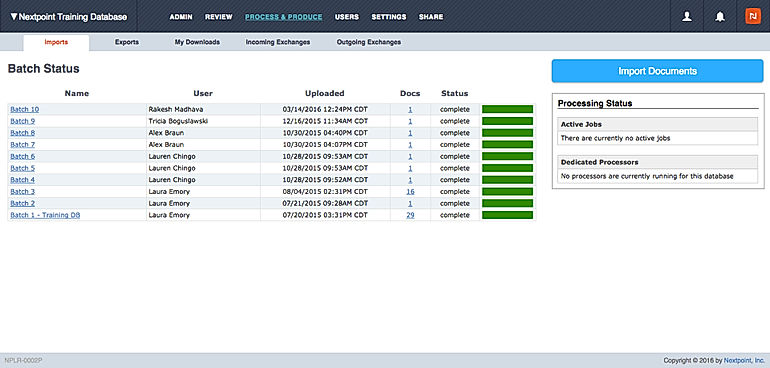 Nextpoint screenshot: Nextpoint interface showing Import Documents tab