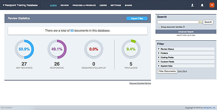 Nextpoint screenshot: Nextpoint showing Admin tab and Review Statistics