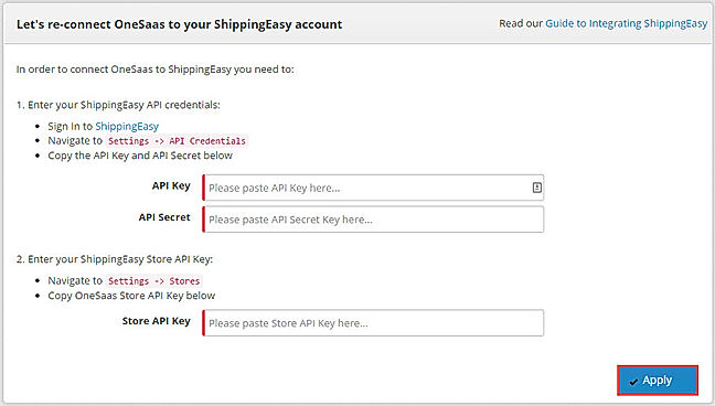 OneSaas screenshot: An example of how OneSaas syncs with ShippingEasy accounts
