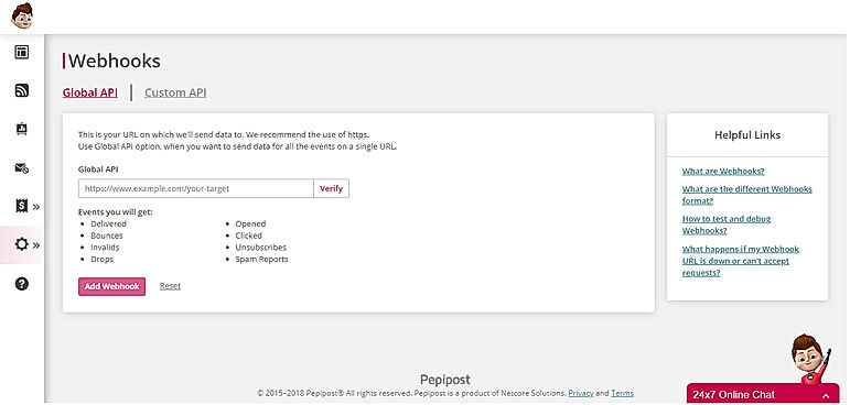 Pepipost screenshot: Global and Custom API options available