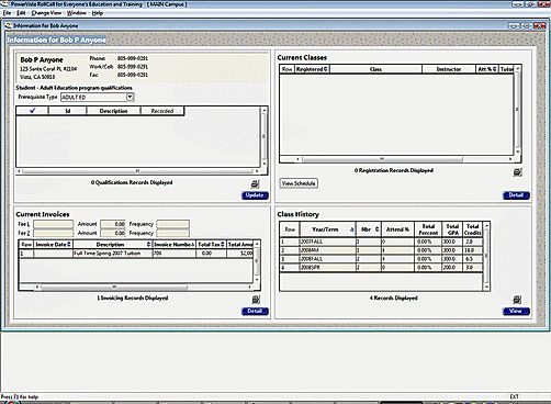 PowerVista RollCall screenshot: Student view in RollCall provides comprehensive view of student's information and historical data
