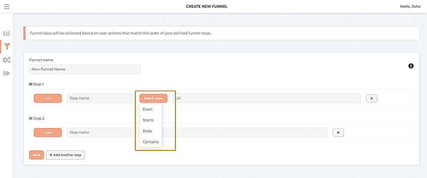 Real time funnels : Funnel step url matching screenshot
