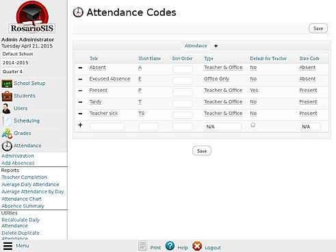 RosarioSIS : Attendance Codes Setup screenshot