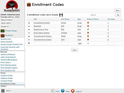 RosarioSIS : Student Enrollment Codes Setup screenshot