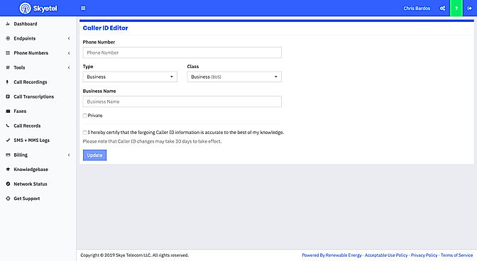 Skyetel SIP Trunk : Caller ID Editor screenshot