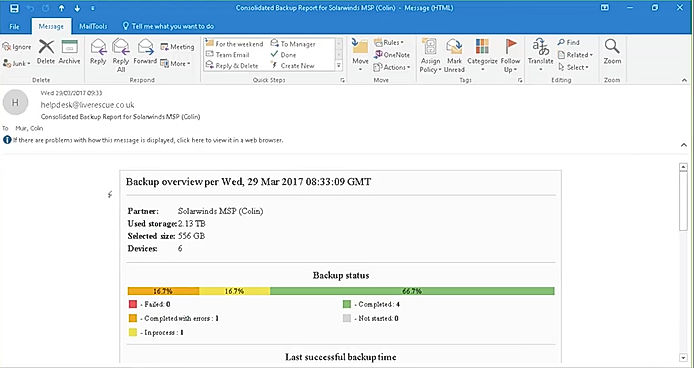 SolarWinds Backup screenshot: Send consolidated email reports to get an idea of backup status and last successful backup 
