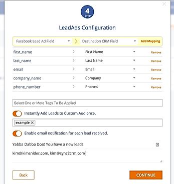 Sync2CRM screenshot: Advanced lead ads field mapping puts data from any field on a Facebook Lead Ad form in the corresponding field in a CRM
