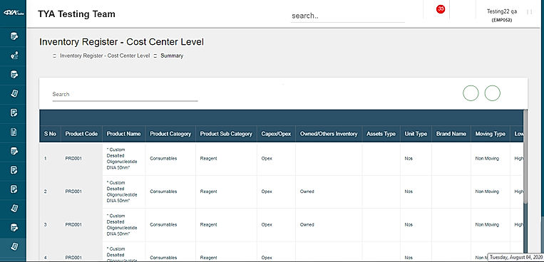 Inventory Register - Cost Center Level screenshot