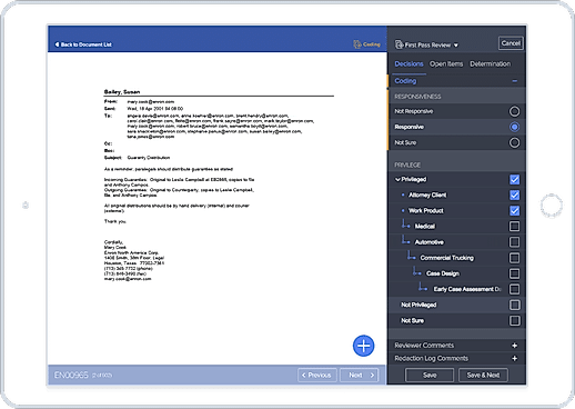 Relativity screenshot: The mobile app for Relativity allows documents to be searched and reviewed remotely, reflecting any changes in real time