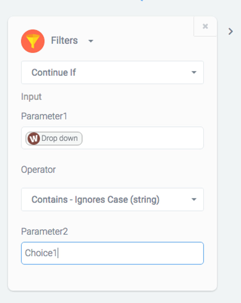 Automate.io screenshot: Filters allow users to define the circumstances under which a workflow should continue