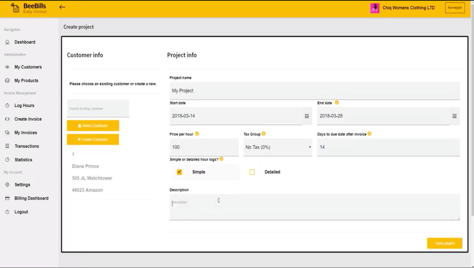 BeeBills screenshot: Projects can be created in order to bill by hours worked