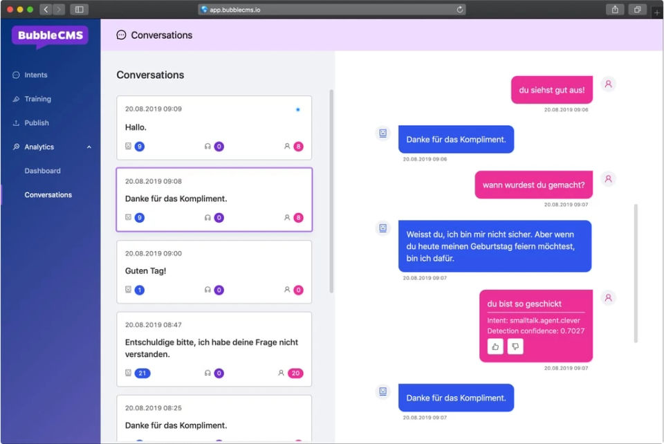 Bubble CMS ; Conversation Insights screenshot