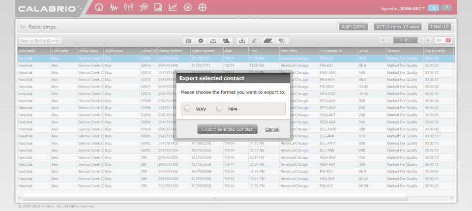 Calabrio Call Recording screenshot: Users can select the format in which to export contacts