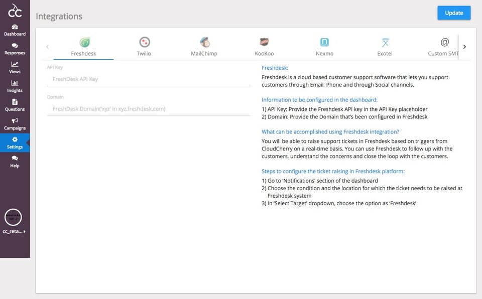 CloudCherry 360 Feedback screenshot: CloudCherry integration with leading platform