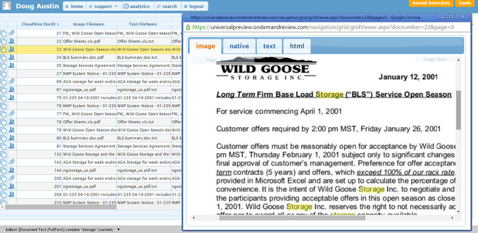 CloudNine Demo - Text search results appear as highlights on images.