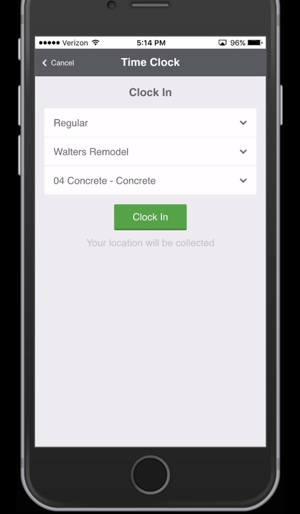 CoConstruct screenshot: Mobile Timeclock on Mobile App