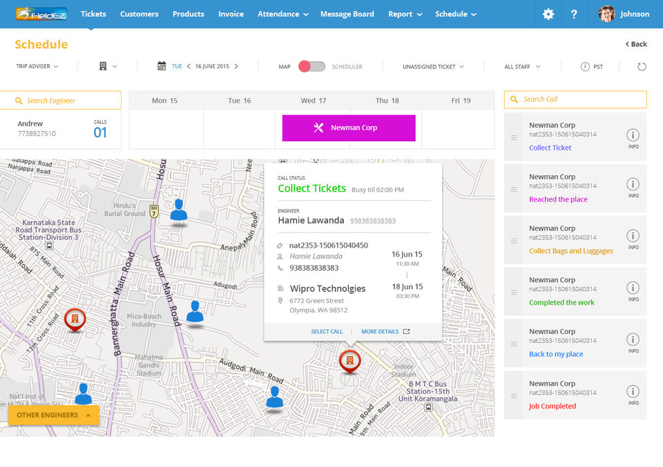 FieldEZ screenshot: Map-based scheduler: Real-time view of users customers and tickets on the map