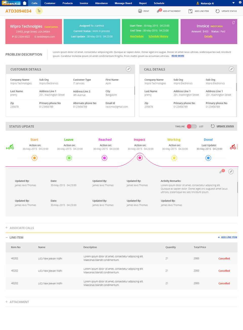 FieldEZ screenshot: Comprehensive Ticket Details: Including history, location, parts used, invoices and more